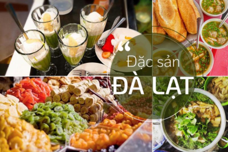 Hình ảnh tổng hợp các món ăn đặc sản Đà Lạt như bánh căn, lẩu bò, kem bơ, dâu tây, trông rất hấp dẫn